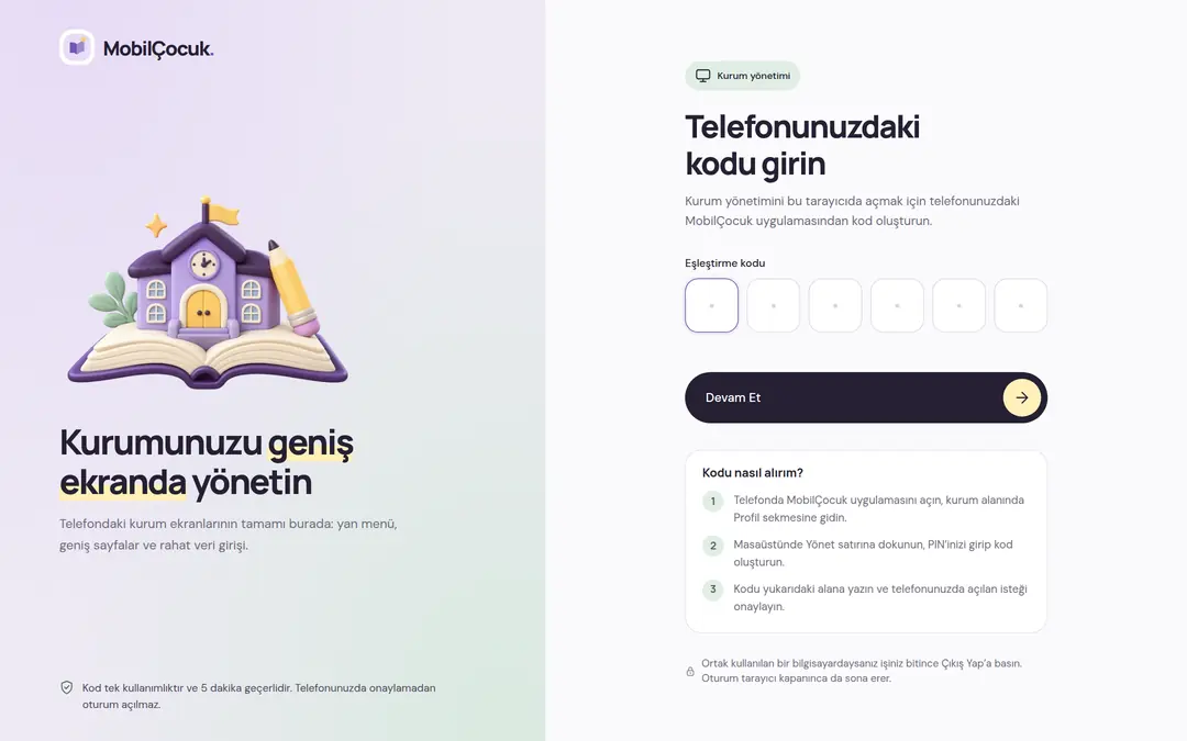 Tarayıcıdaki Masaüstü Girişi ekranı: telefondan kod oluşturma adımları ve 6 haneli eşleştirme kodunun yazılacağı kutular