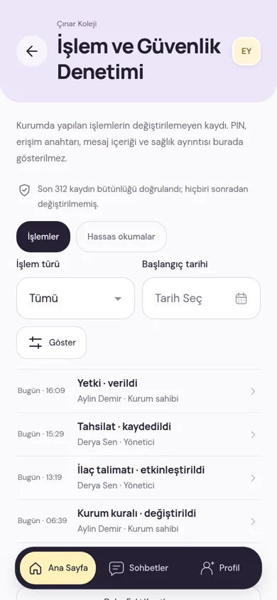 İşlem ve Güvenlik Denetimi ekranı: son kayıtların bütünlüğünün doğrulandığı notu, İşlemler ve Hassas Okumalar sekmeleri, kişisi ve saatiyle listelenen yetki, tahsilat, ilaç talimatı ve kurum kuralı işlemleri
