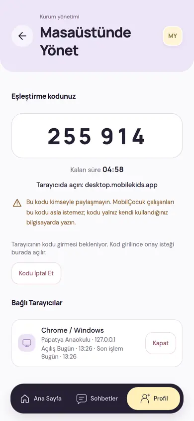 Telefondaki Masaüstünde Yönet ekranı: 6 haneli eşleştirme kodu, kalan süre, kodu kimseyle paylaşmama uyarısı ve boş Bağlı Tarayıcılar listesi