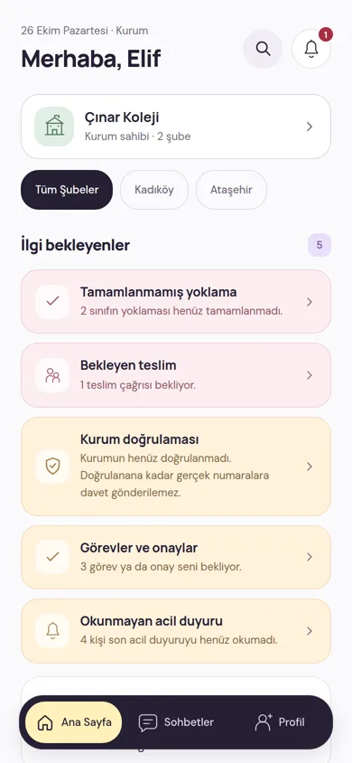 Kurum yöneticisinin ana sayfası: ilgi bekleyenler arasında tamamlanmamış yoklama, bekleyen teslim, doğrulanana kadar gerçek numaralara davet gönderilemeyeceğini söyleyen kurum doğrulaması, görevler ve okunmayan acil duyuru